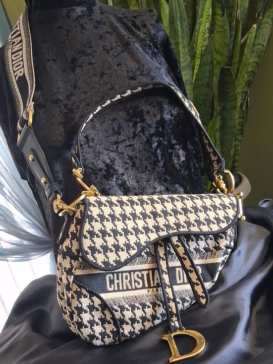 Dior Handbags - Dior Beige and Black Houndstooth Saddle Bag with Gold Hardware